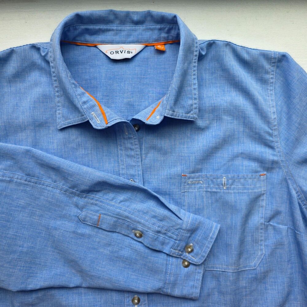 ORVIS Shirt Tech Chambray Work Wrinkle Resist Button Up Blue Women's XL Gorpcore